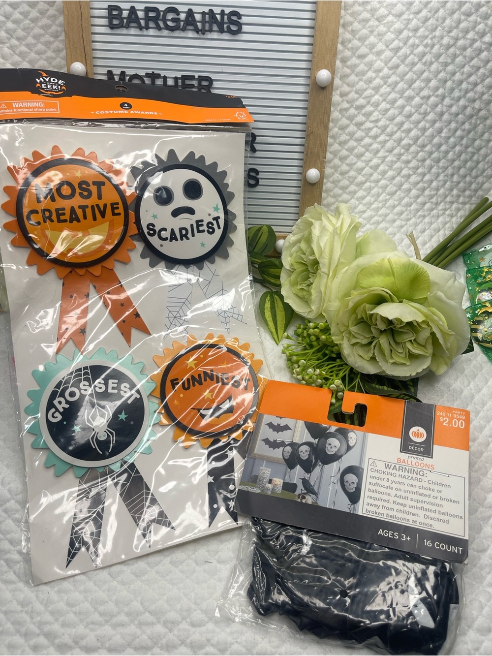 Halloween Party Award Ribbons and Black Balloons - Orange, Teal, Black